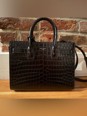 Yves Saint Laurent Black Croc-Embossed Shoulder Bag with Gold Hardware